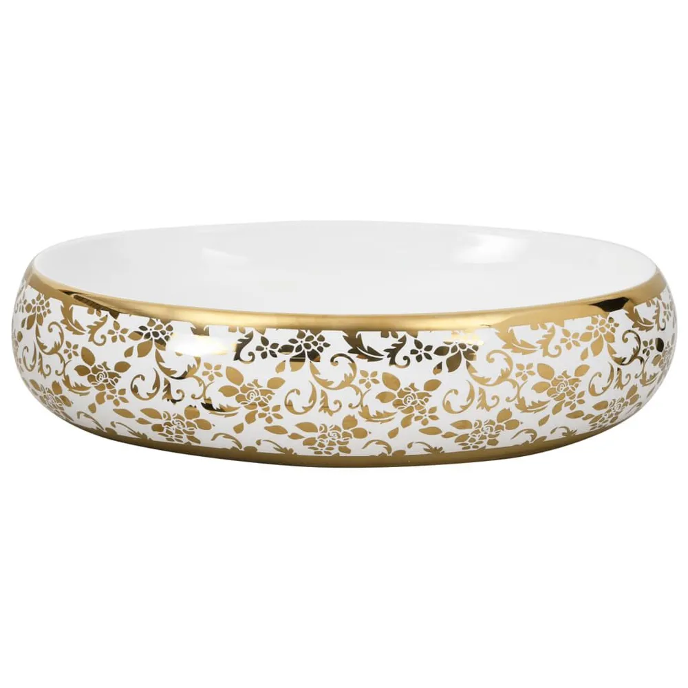 Opzetwasbak ovaal 59x40x15 cm keramiek wit en goud Wit | Discrete Integratie