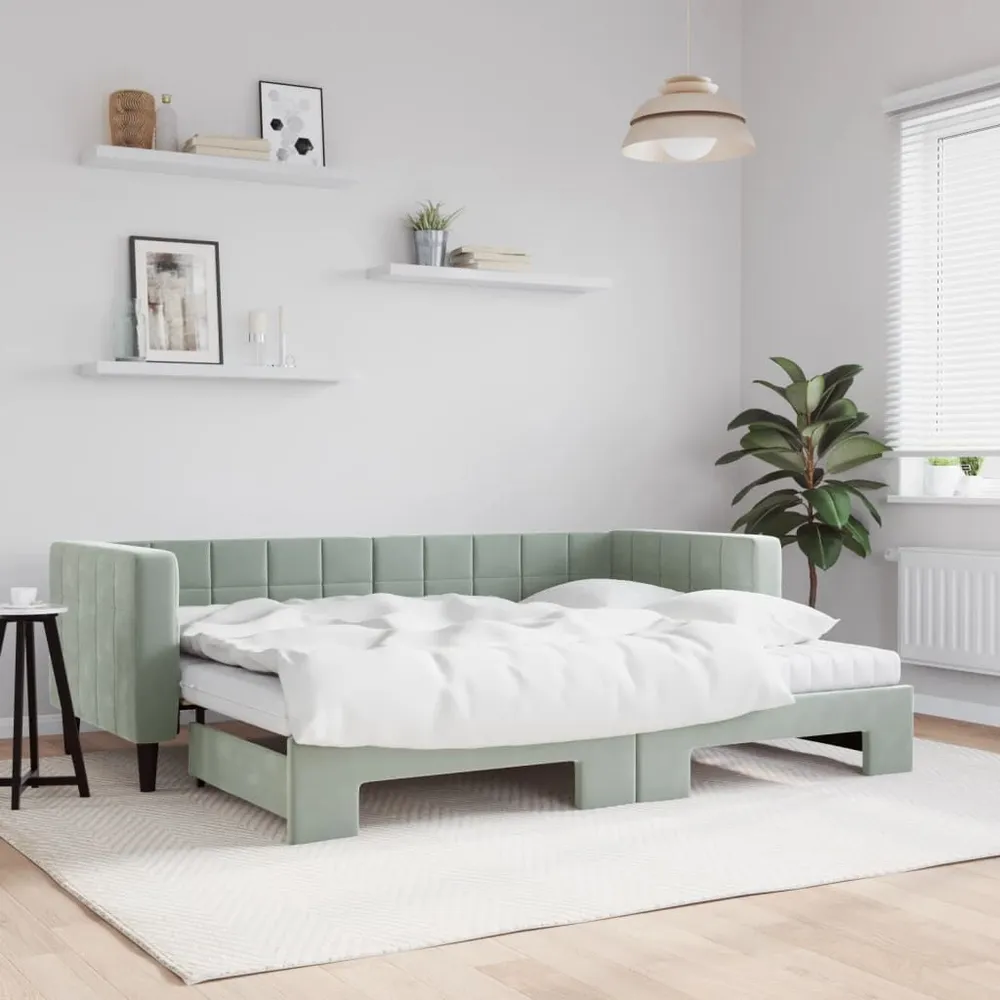 Slaapbank onderschuifbed matrassen 80x200 cm fluweel lichtgrijs