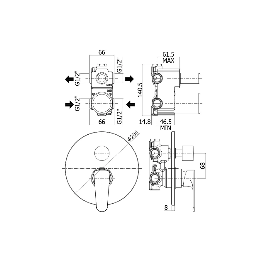 Built- shower mixer 2 outlets Paffoni Appelgroen art. GR018CR