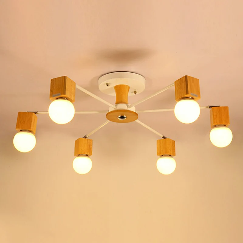 Wooden Cube Semi Mount Lighting Nordic White and Ecru Ceiling Flush Light Open Bulb Design White