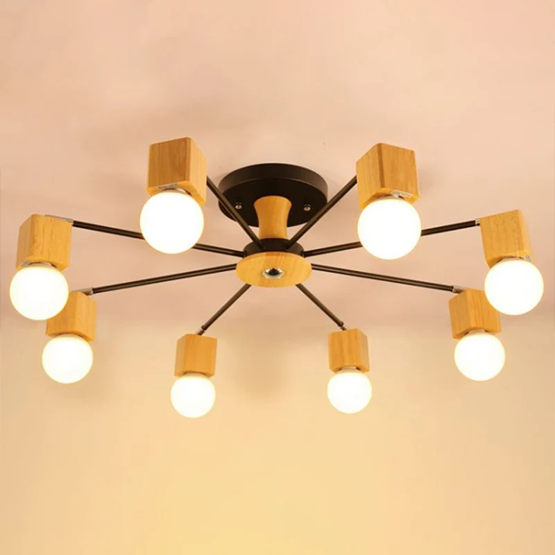 Wooden Cube Semi Mount Lighting Nordic White and Ecru Ceiling Flush Light Open Bulb Design White
