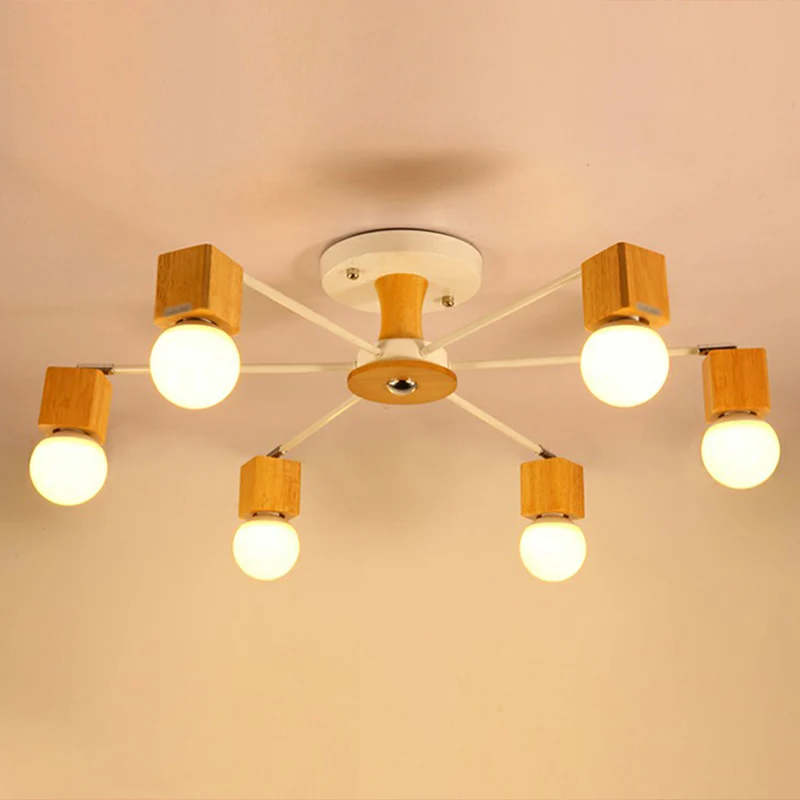Wooden Cube Semi Mount Lighting Nordic White and Ecru Ceiling Flush Light Open Bulb Design White