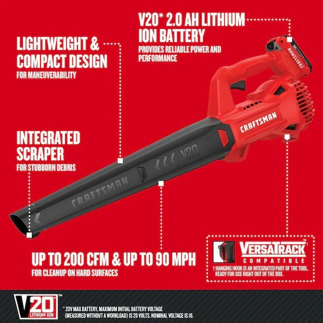 CRAFTSMAN 20-volt Max 200-CFM 90-MPH Handheld Batterij Electric Leaf Blower 2 Ah (Battery & Charger Included)