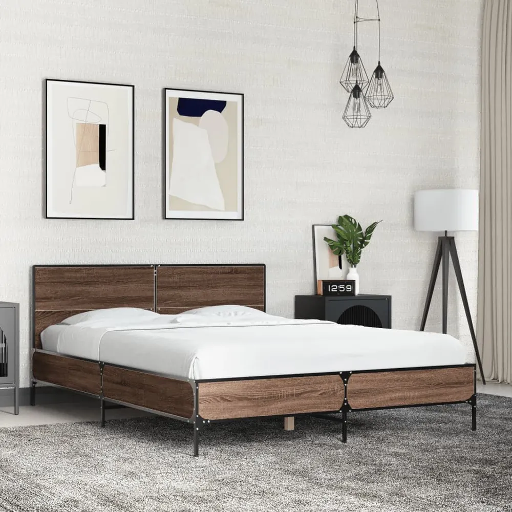 Bedframe bewerkt hout metaal bruin eikenkleur 120x190 cm
