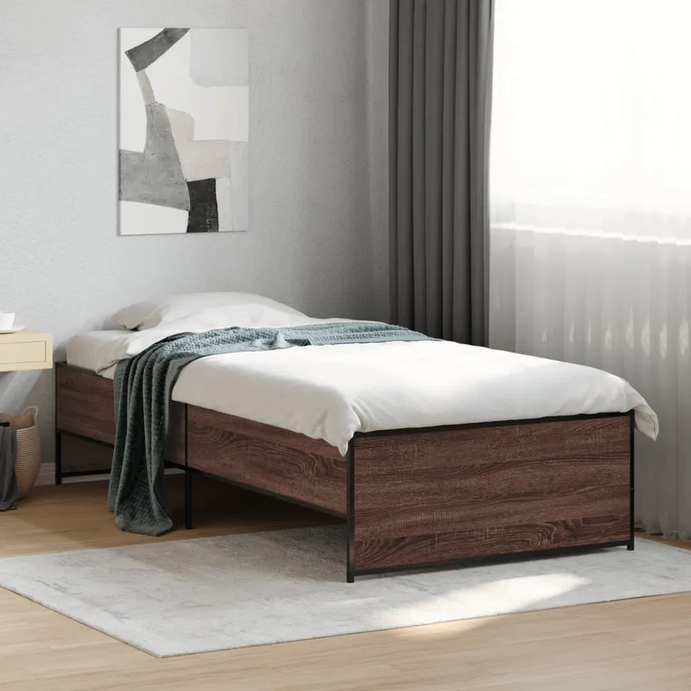 Bedframe bewerkt hout en metaal bruin eikenkleurig 75x190 cm