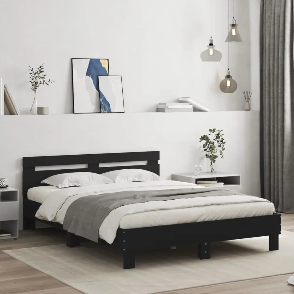 Bedframe met hoofdbord bewerkt hout zwart 140x190 cm