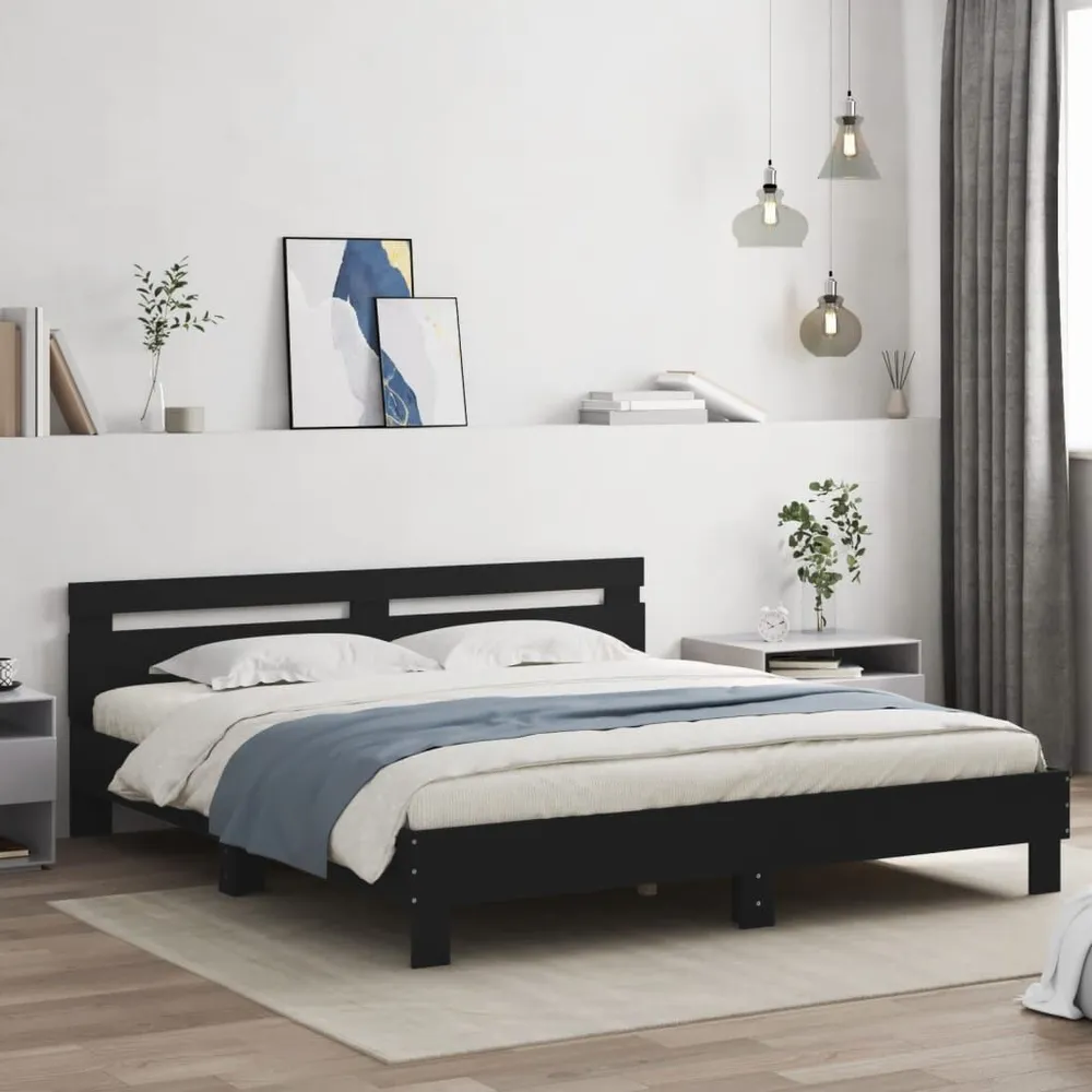 Bedframe met hoofdbord bewerkt hout zwart 160x200 cm