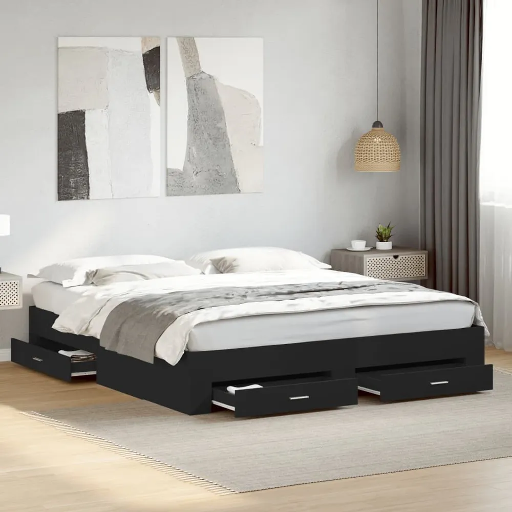 Bedframe met lades bewerkt hout zwart 200x200 cm