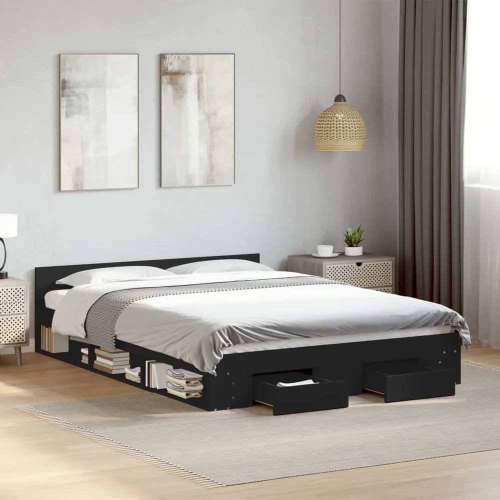 Bedframe met lades bewerkt hout zwart 150x200 cm