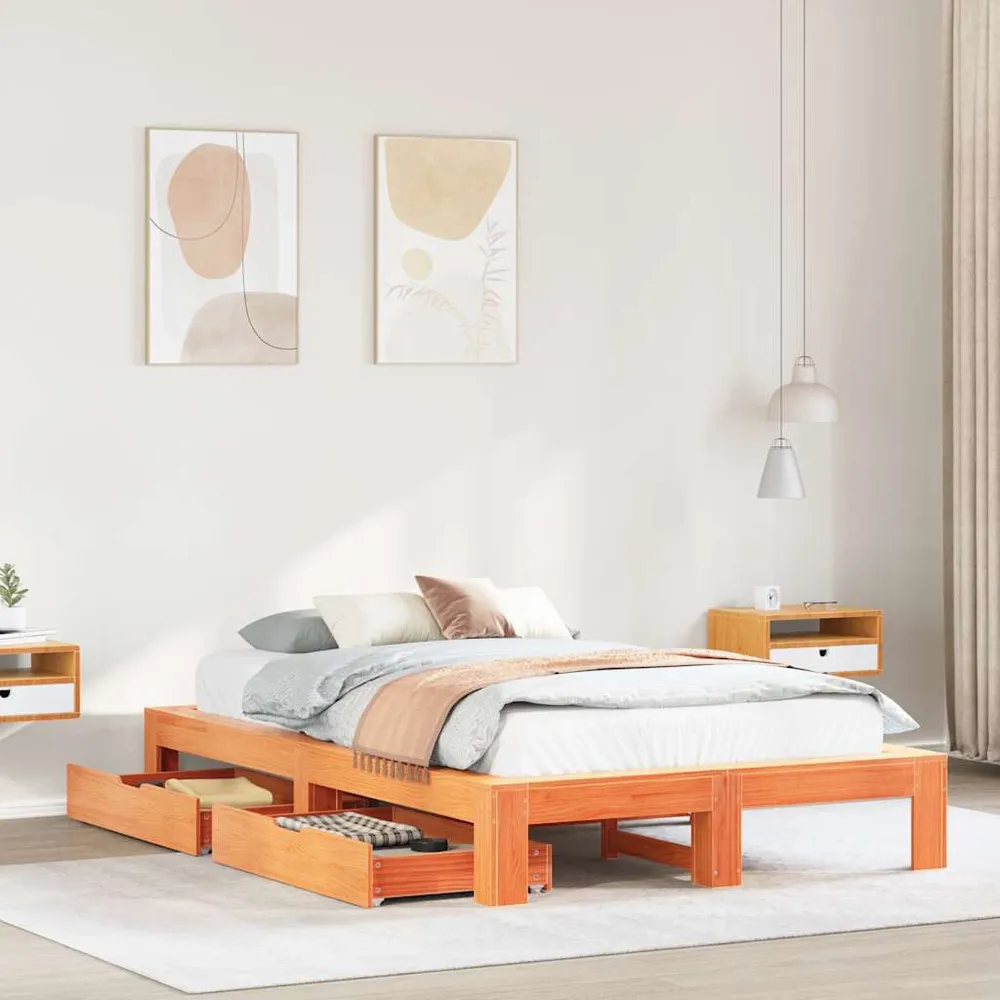 Bedframe zonder matras massief grenenhout wasbruin 120x190 cm