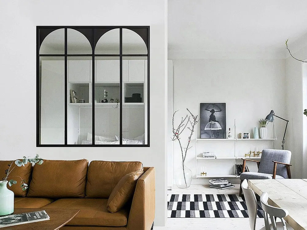 Glazen binnenraam art-decostijl van aluminium – 120 x 105 cm – Zwart – ARCADEA
