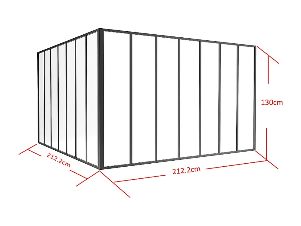 Glazen hoekbinnenraam industriële stijl gepoederlakt aluminium – L210 x L210 x H130 – Zwart – BAYVIEW