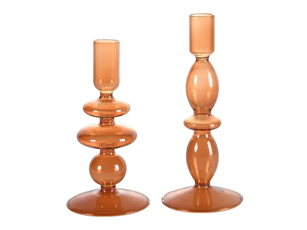Set van 2 kandelaars - D9 x H21 cm en D9 x H18, 5 cm - Glas - Oranje - KANDIE