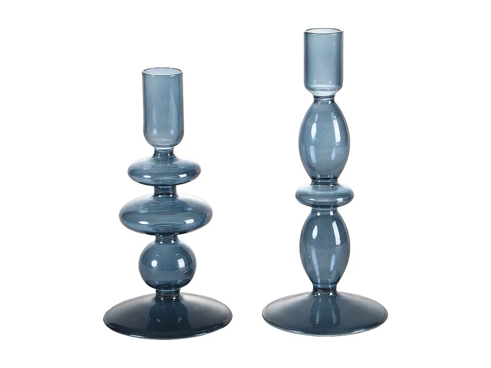 Set van 2 kandelaars - D9 x H21 cm en D9 x H18,5 cm - Glas - Blauw - KANDIE