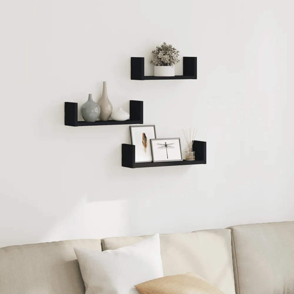 Wandschappen 3 st bewerkt hout zwart