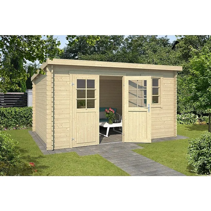 Outdoor Life Products Blokhut SET Amira 275 - 214 x 400 x 217 cm, Onbehandeld, Vuren, Dakkleur: Zwart