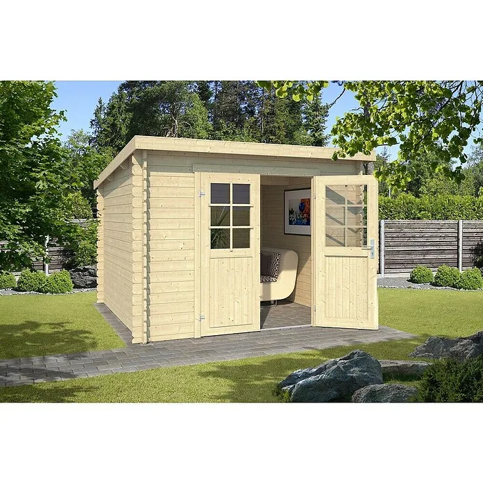 Outdoor Life Products Blokhut SET Nadia 275 - 214 x 295 x 217 cm, Onbehandeld, Vuren, Dakkleur: Zwart