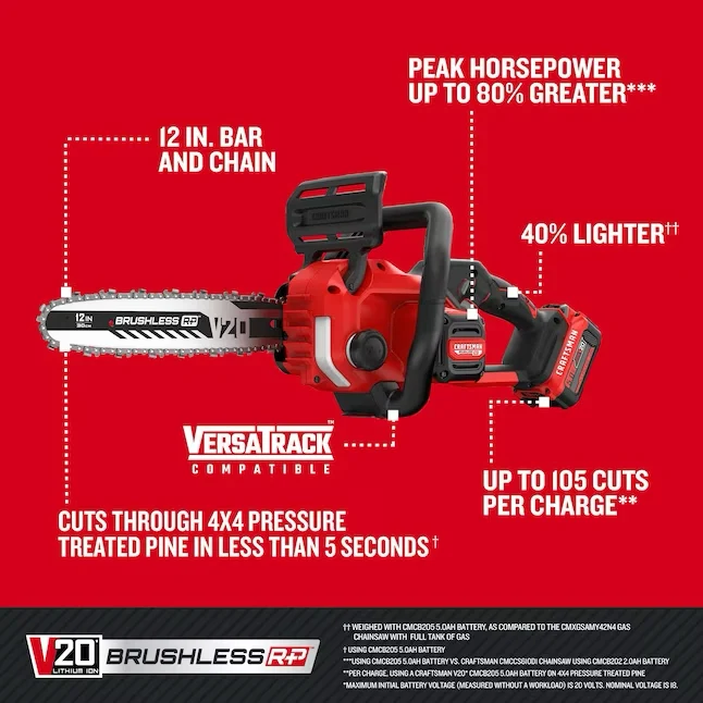 CRAFTSMAN 20-volt Max 12- Brushless Battery 5 Ah Chainsaw (Battery and Charger Included)