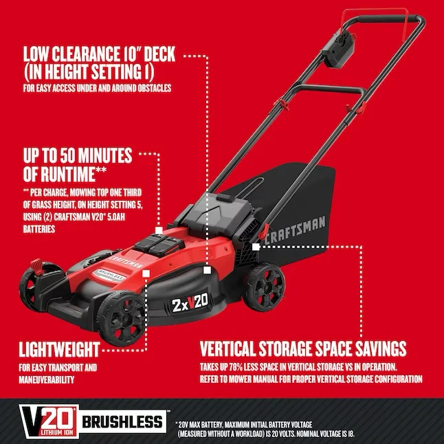 CRAFTSMAN V20 20-volt Max 20- Zonder snoer Push Lawn Mower 5 Ah (Battery and Charger Included)