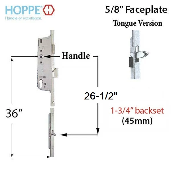 Hoppe Multipoint Lock 16MM Handbediend 45/92 Gear, Tongue At 26.5", 1/2" D/B, 36" HH