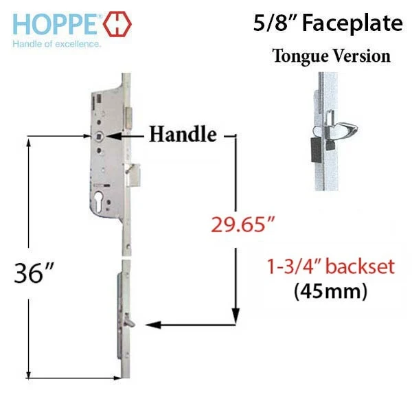 Hoppe Multipoint Lock 16MM Handbediend 45/92 Gear, Tongue At 29.65", 1" D/B, 36" HH