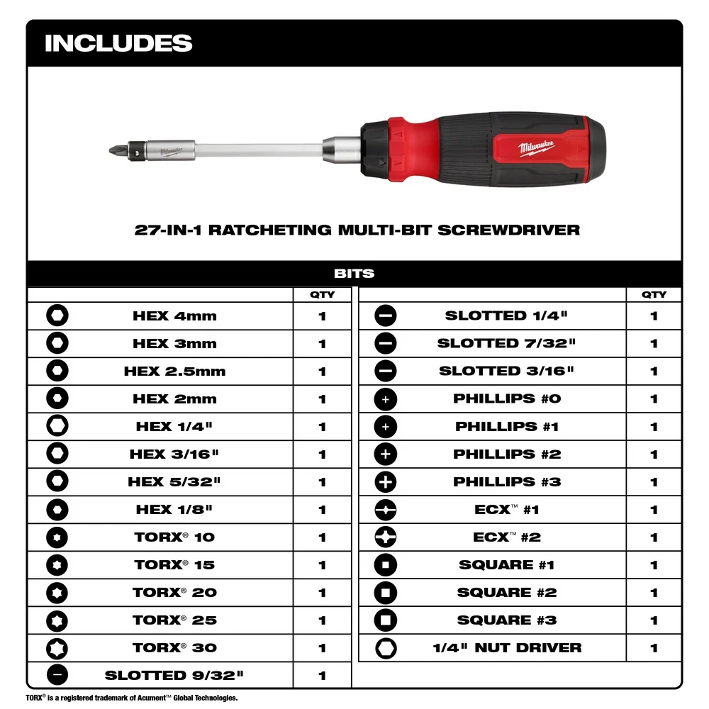 MILWAUKEE 27--1 Ratcheting Multi-Bit Screwdriver