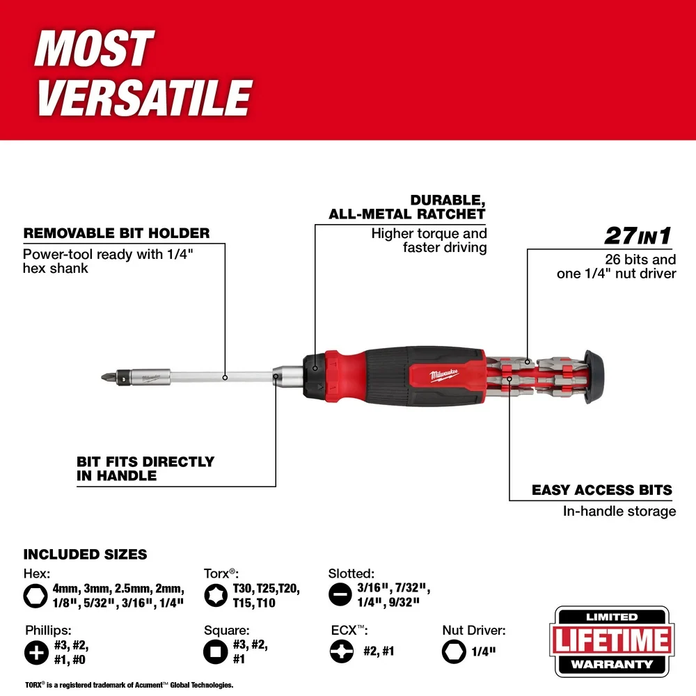 MILWAUKEE 27--1 Ratcheting Multi-Bit Screwdriver