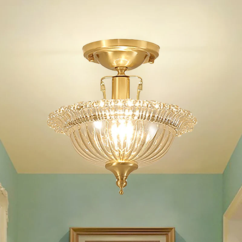 Flared Semi Flush Contemporary Ruffle Glazen Shaded 1 Light Brass Ceiling Flush Mount Brass
