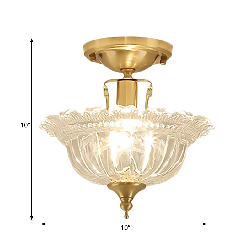 Flared Semi Flush Contemporary Ruffle Glazen Shaded 1 Light Brass Ceiling Flush Mount Brass