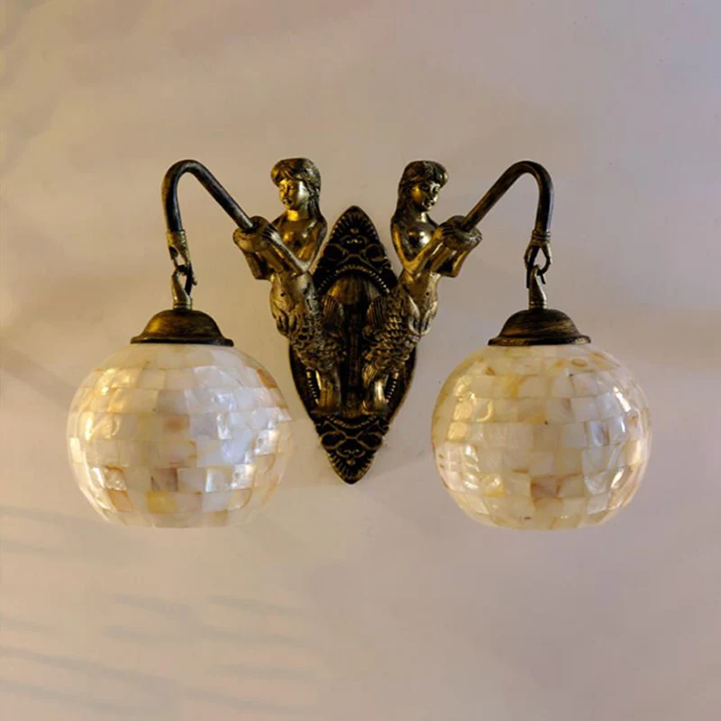 Loodvrije Soldeertin Dome/Globe Shell Vanity Lighting Idea Baroque 2 Lights White/Brass Sconce Light Fixture Bathroom, 10"...