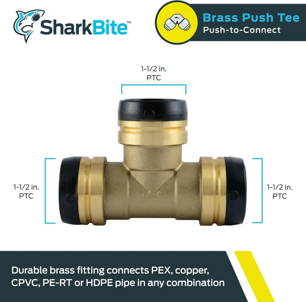 SharkBite 1-1/2 . x 1-1/2 . x 1-1/2 . Messing Push Tee met Anti-Statische Tang