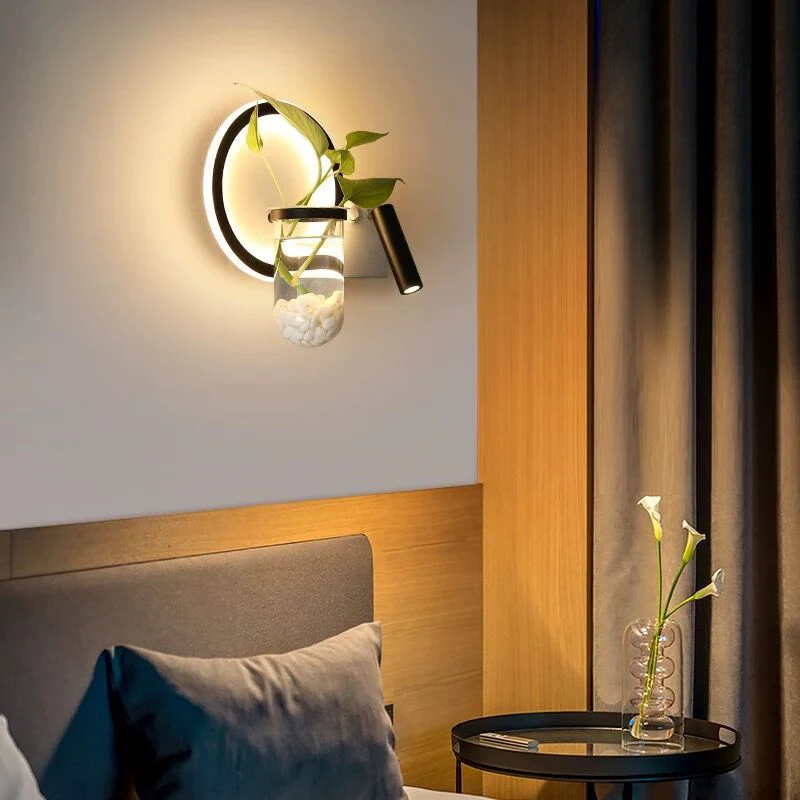 Decoratieve lusvormige wandkandelaar van metaal LED-wandlamp met spot en plantenpot zwart-wit | Incl. Montageset