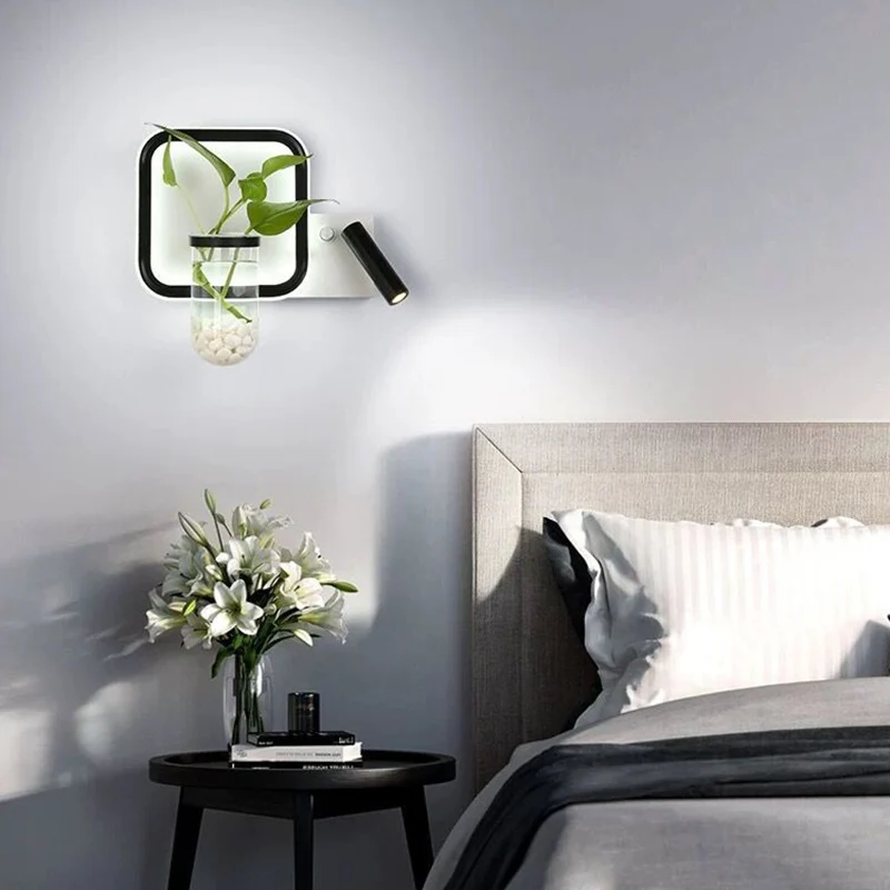 Decoratieve lusvormige wandkandelaar van metaal LED-wandlamp met spot en plantenpot zwart-wit | Incl. Montageset