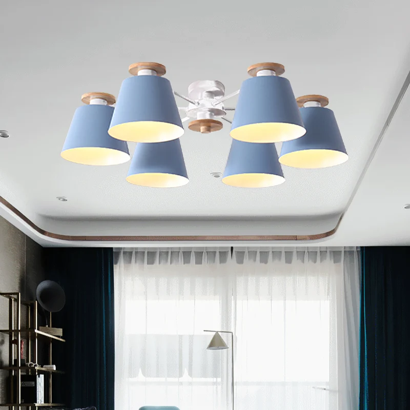 Moderne Scandinavische 6-kops inbouwplafondlamp met metalen kap, geel/blauw vat, semi-inbouwplafondlamp