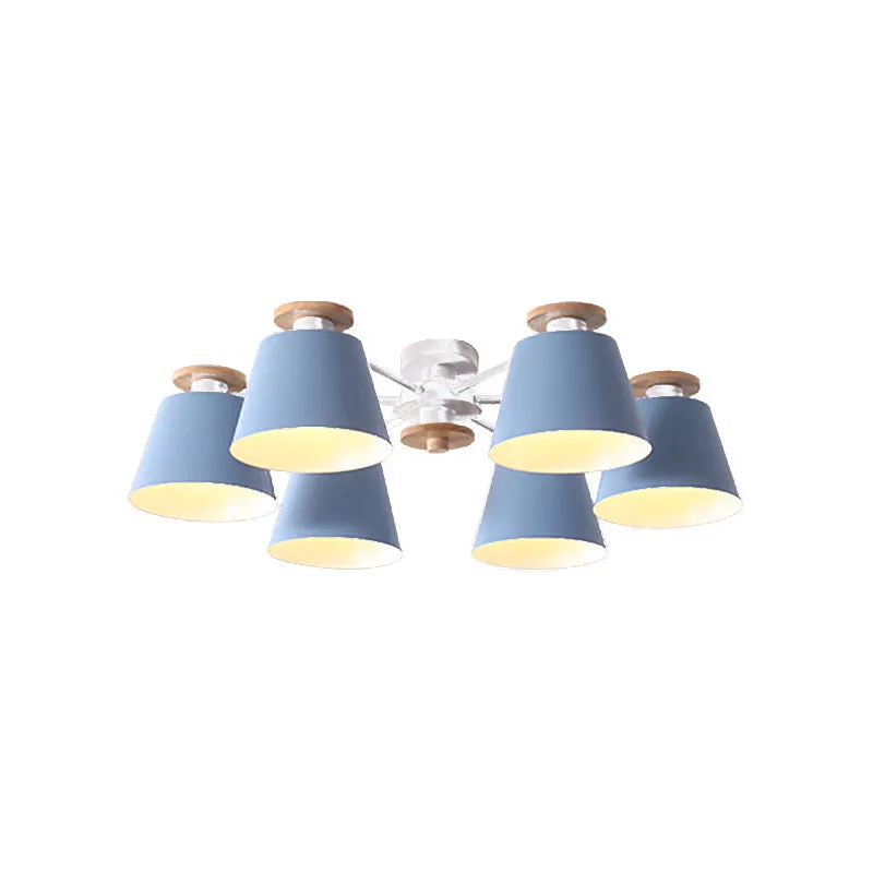 Moderne Scandinavische 6-kops inbouwplafondlamp met metalen kap, geel/blauw vat, semi-inbouwplafondlamp