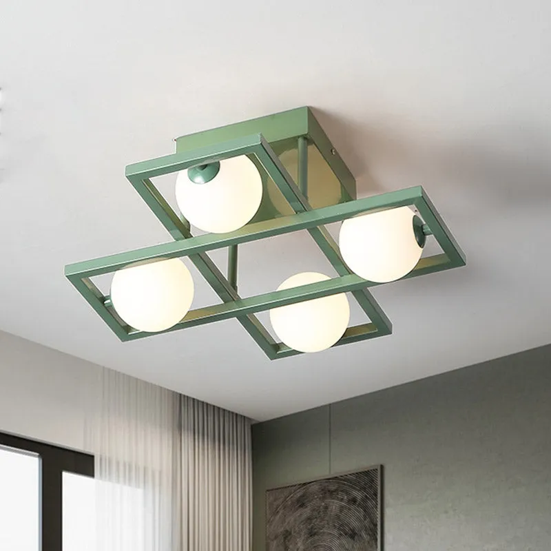 Rechthoekige ijzeren semi-inbouwlamp Macaron 3/4/6-kops groene plafondlamp met bolvormige witte glazen kap