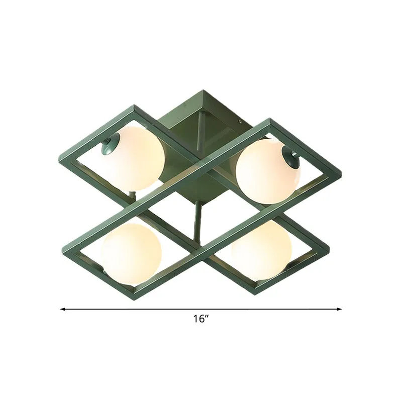 Rechthoekige ijzeren semi-inbouwlamp Macaron 3/4/6-kops groene plafondlamp met bolvormige witte glazen kap