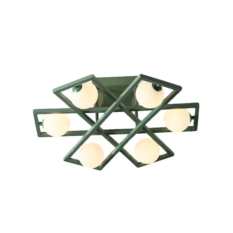 Rechthoekige ijzeren semi-inbouwlamp Macaron 3/4/6-kops groene plafondlamp met bolvormige witte glazen kap