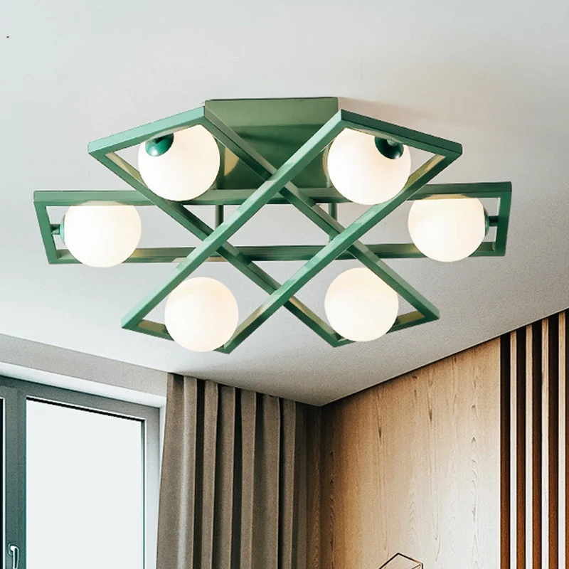 Rechthoekige ijzeren semi-inbouwlamp Macaron 3/4/6-kops groene plafondlamp met bolvormige witte glazen kap