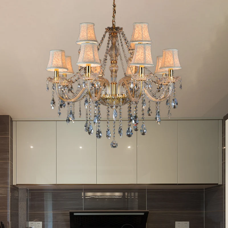 Armed Glashelder K9 Crystal Pendant Chandelier Rustic 6/8/10 Heads Beige Hanging Ceiling Light Flared Fabric Shade Beige