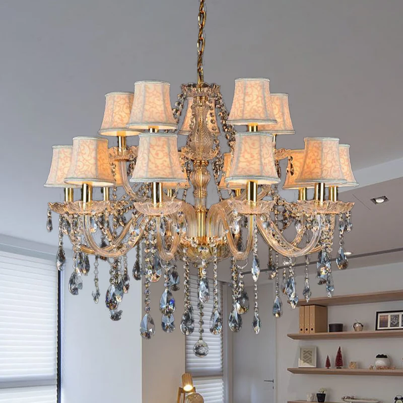 Armed Glashelder K9 Crystal Pendant Chandelier Rustic 6/8/10 Heads Beige Hanging Ceiling Light Flared Fabric Shade Beige