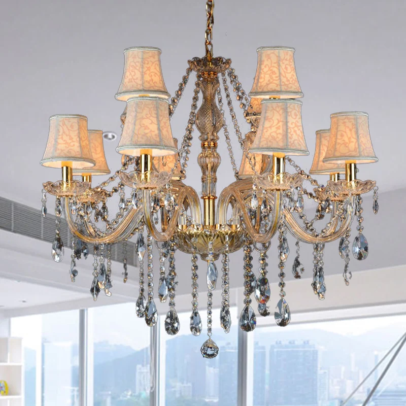 Armed Glashelder K9 Crystal Pendant Chandelier Rustic 6/8/10 Heads Beige Hanging Ceiling Light Flared Fabric Shade Beige