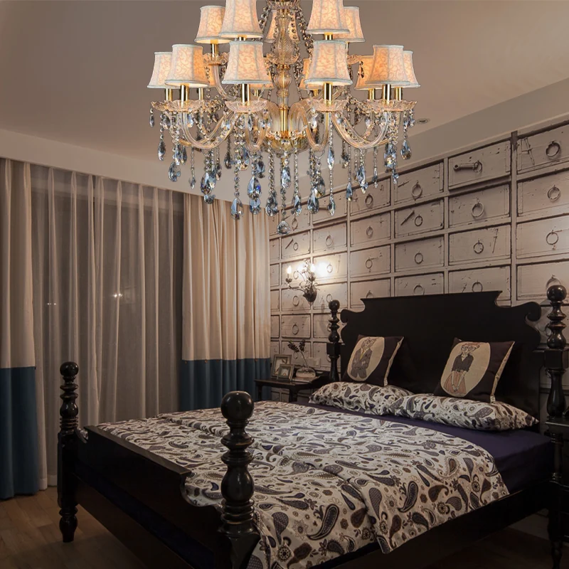 Armed Glashelder K9 Crystal Pendant Chandelier Rustic 6/8/10 Heads Beige Hanging Ceiling Light Flared Fabric Shade Beige