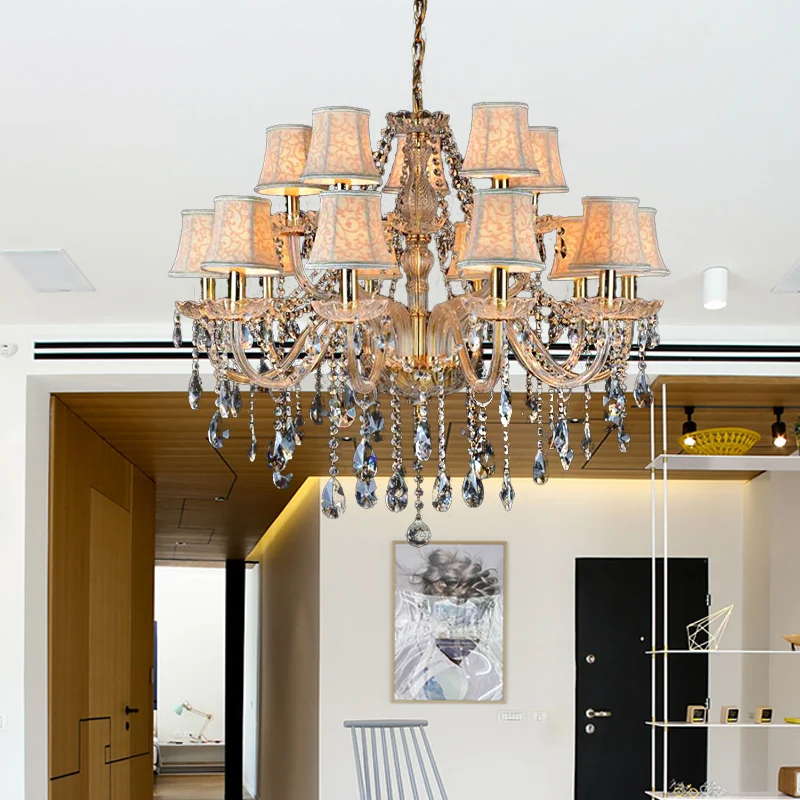 Armed Glashelder K9 Crystal Pendant Chandelier Rustic 6/8/10 Heads Beige Hanging Ceiling Light Flared Fabric Shade Beige