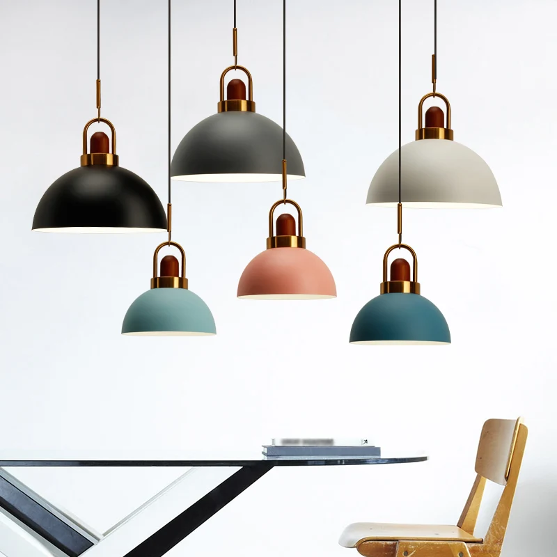 Dome Kitchen Bar Pendellamp IJzer 1 Lamp Macaron Hangende Hanger Roze/Wit/Grijs met Houten Blad en Handvat | Snel Leverbaar