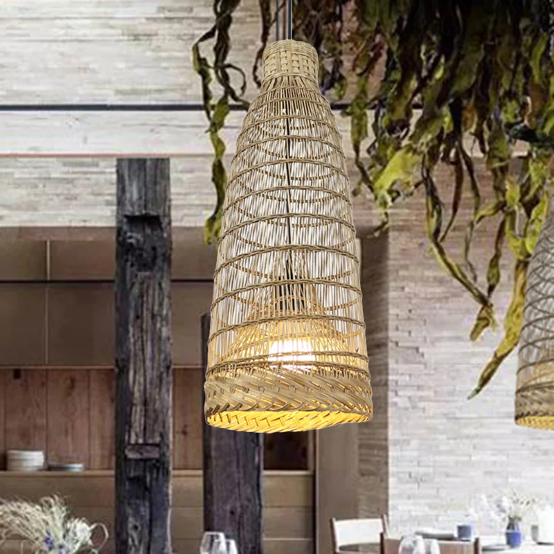Energiezuinige LED Met de hand bewerkte rotan hanglamp, lodgestijl, 6"/8" W, 1 kop, ecru plafondarmatuur voor restaurant