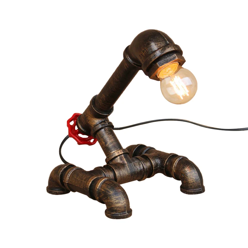 Energiezuinige LED Steampunk zichtbare gloeilamp tafellamp met pijpachtige basis 1 kop smeedijzeren staande lamp brons