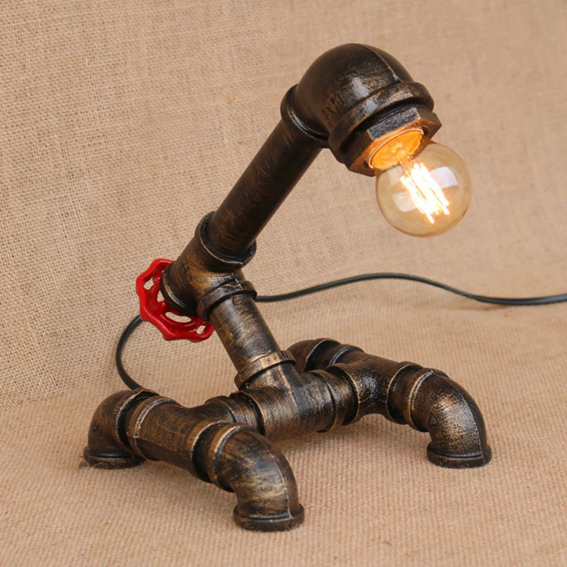 Energiezuinige LED Steampunk zichtbare gloeilamp tafellamp met pijpachtige basis 1 kop smeedijzeren staande lamp brons