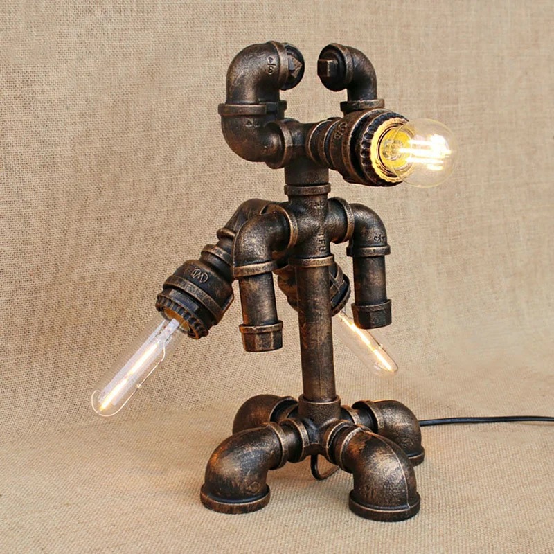 Energiezuinige LED Steampunk zichtbare gloeilamp tafellamp met pijpachtige basis 1 kop smeedijzeren staande lamp brons