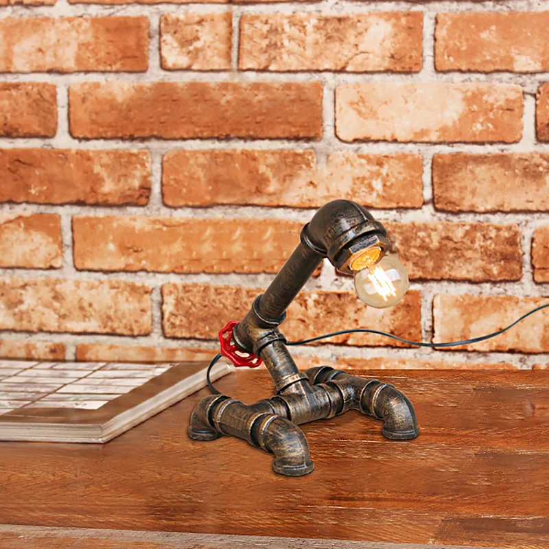 Energiezuinige LED Steampunk zichtbare gloeilamp tafellamp met pijpachtige basis 1 kop smeedijzeren staande lamp brons